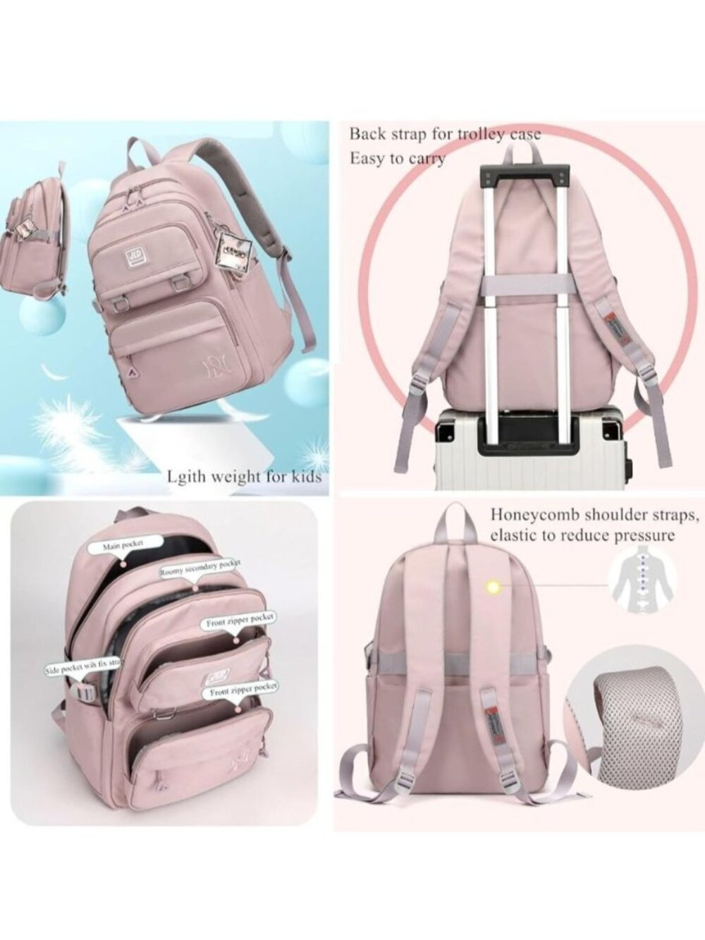 Pink Backpack Water Resistant Travel School Laptop Bookbag 18" Anti Theft - Picture 6 of 8